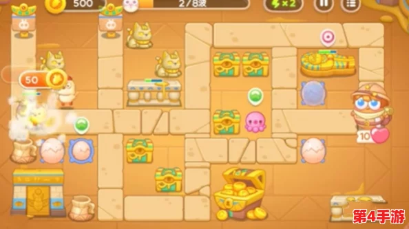 《保卫萝卜4》法老归来第57关：高效布局攻略，巧用蝴蝶结与磁铁炮塔全清通关技巧